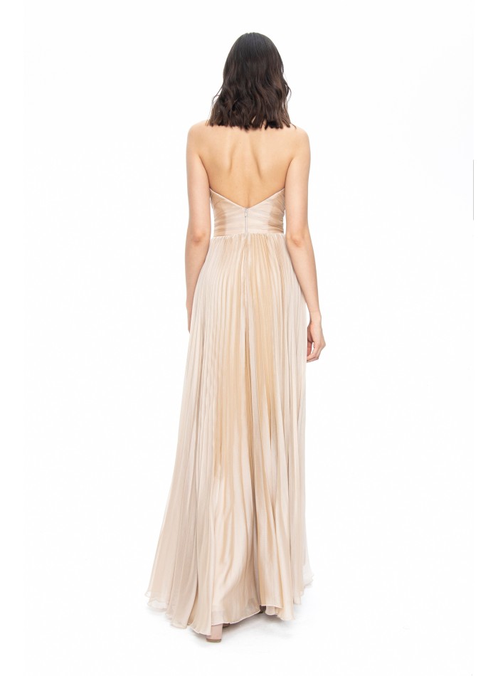 Beige satin pleated strapless ball gown in...