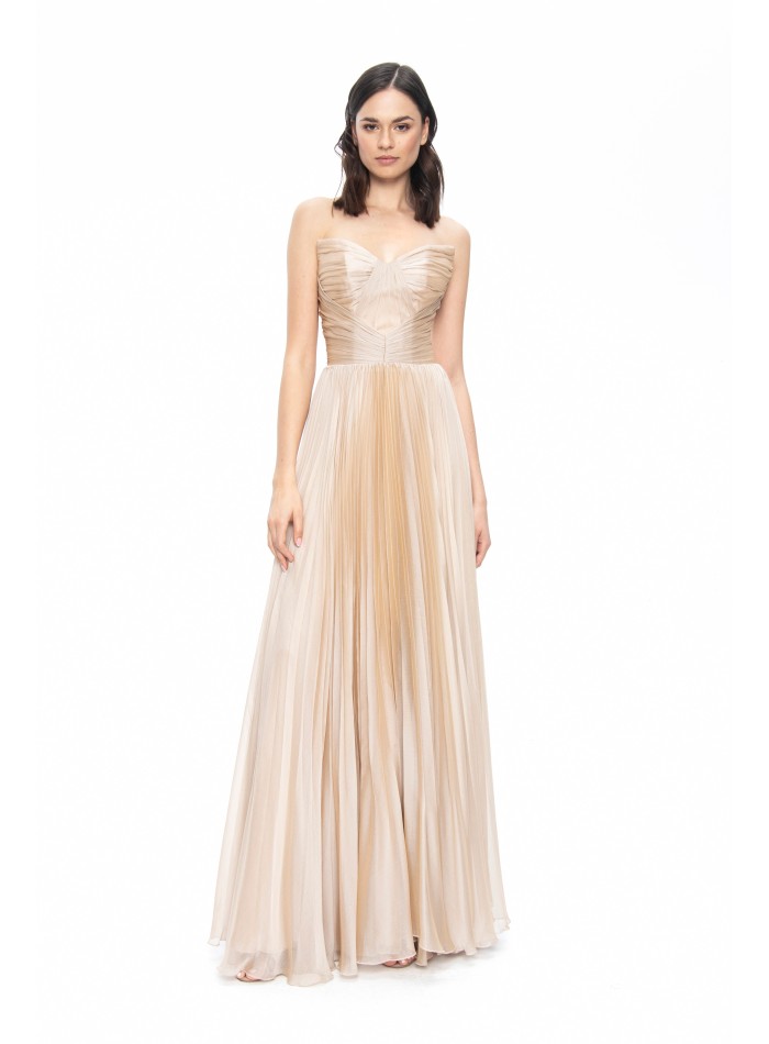 Robe de soirée plissée à bretelles en satin beige