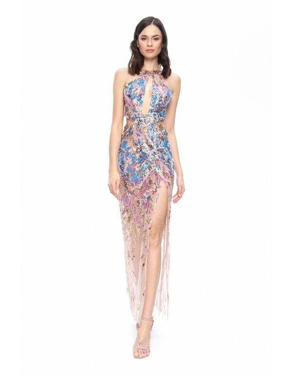 Robe de soirée longue avec paillettes et semi-transparents