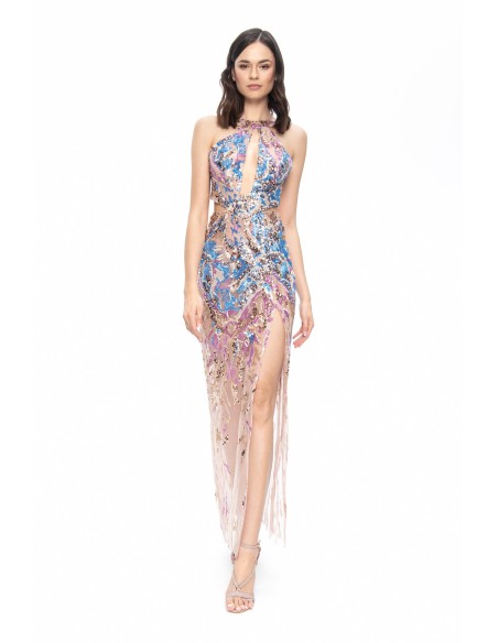 Robe de soirée longue avec paillettes et semi-transparents