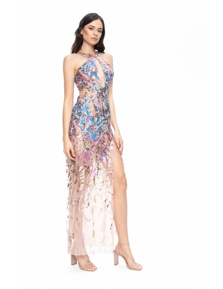 Robe de soirée longue avec paillettes et semi-transparents