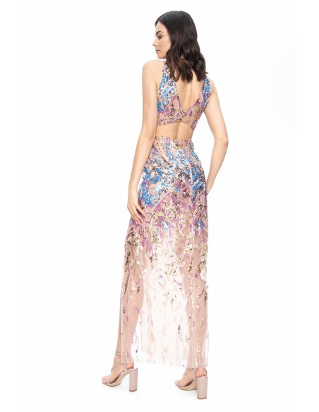 Robe de soirée longue avec paillettes et semi-transparents