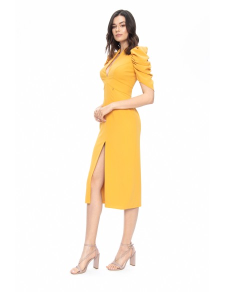Mustard colored midi party dress with sleeves