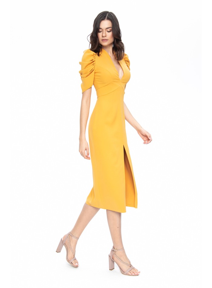 Robe de soirée midi à manches de couleur moutarde