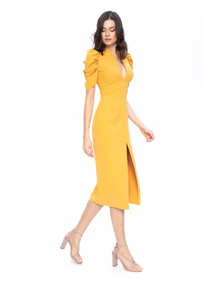 Mustard colored midi party dress with sleeves