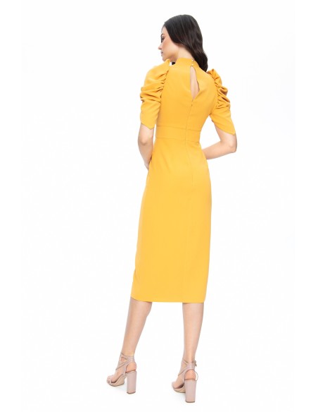 Mustard colored midi party dress with sleeves