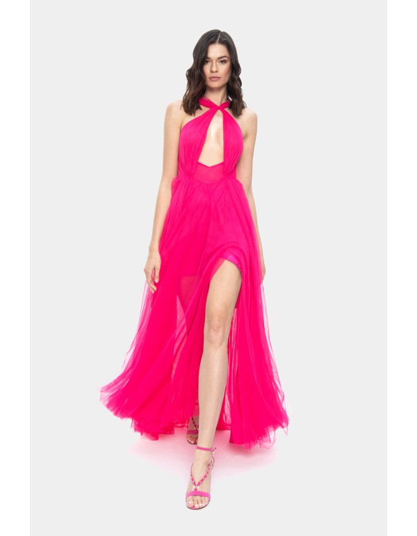 Robe longue fuchsia avec encolure licou et jupe en tulle...