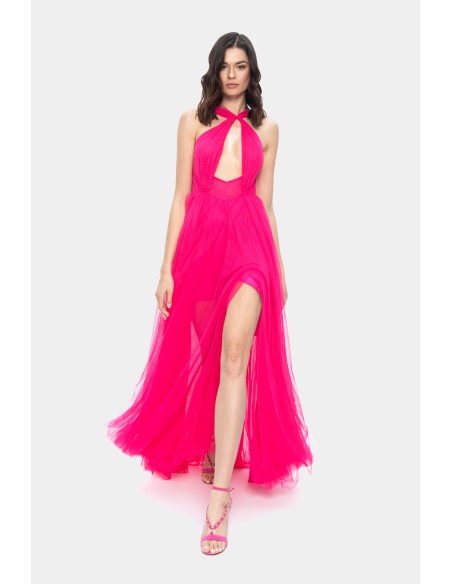 Fuchsia long dress with halter neckline and tulle skirt for guests