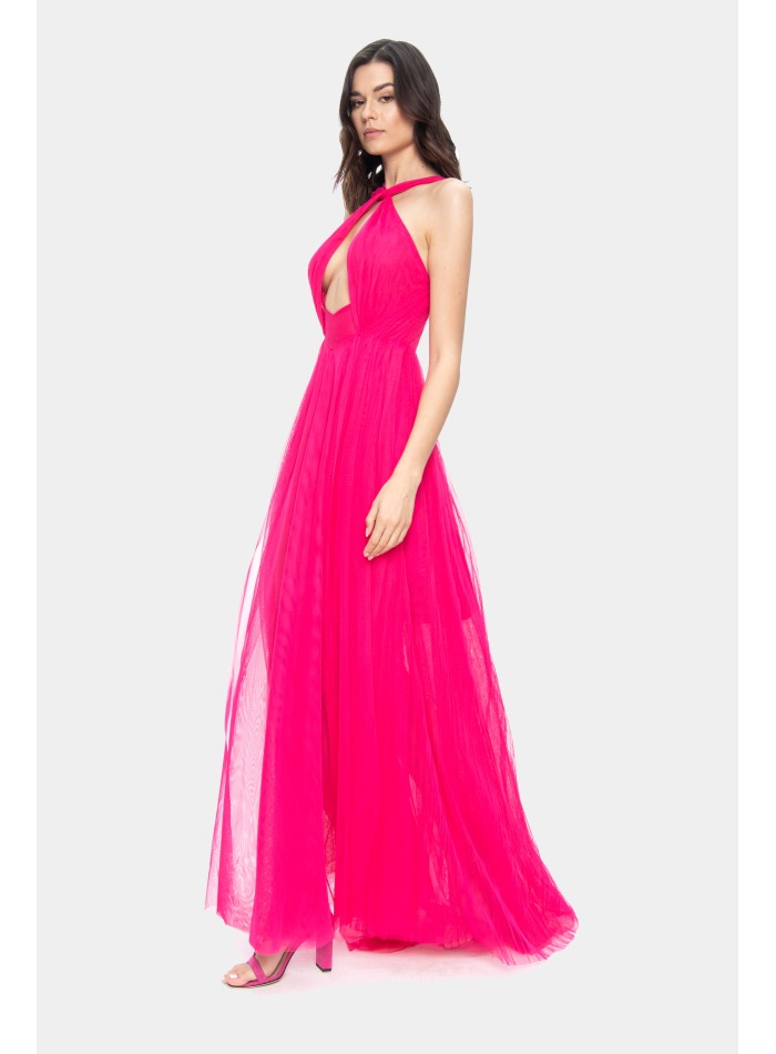 Robe longue fuchsia avec encolure licou et jupe...