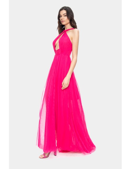 Robe longue fuchsia avec encolure licou et jupe en tulle pour les invitées