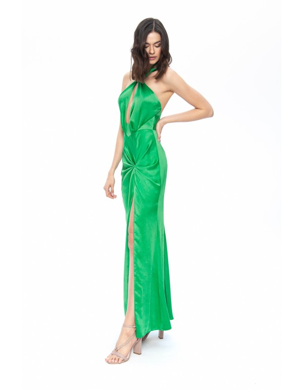 Vestido largo verde esmeralda con escote halter y... 2
