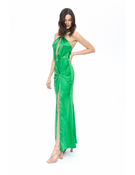Emerald green long dress with halter neckline and slit for guests