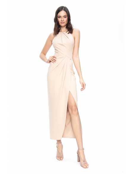 Vestido midi beige de corte asimétrico con cuello halter