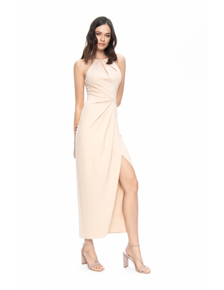 Vestido midi beige de corte asimétrico con cuello halter