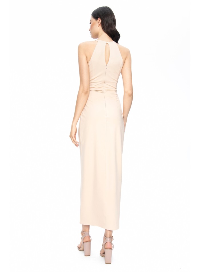 Beige midi dress with asymmetrical cut and...