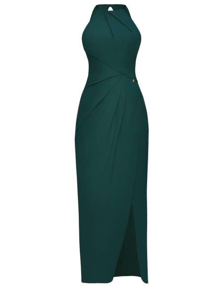 Robe midi vert émeraude avec coupe asymétrique et encolure licou