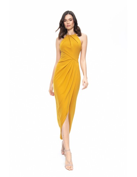 Robe midi jaune moutarde à coupe asymétrique et encolure licou