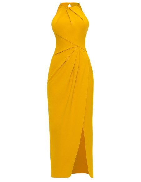 Robe midi jaune moutarde à coupe asymétrique et encolure licou