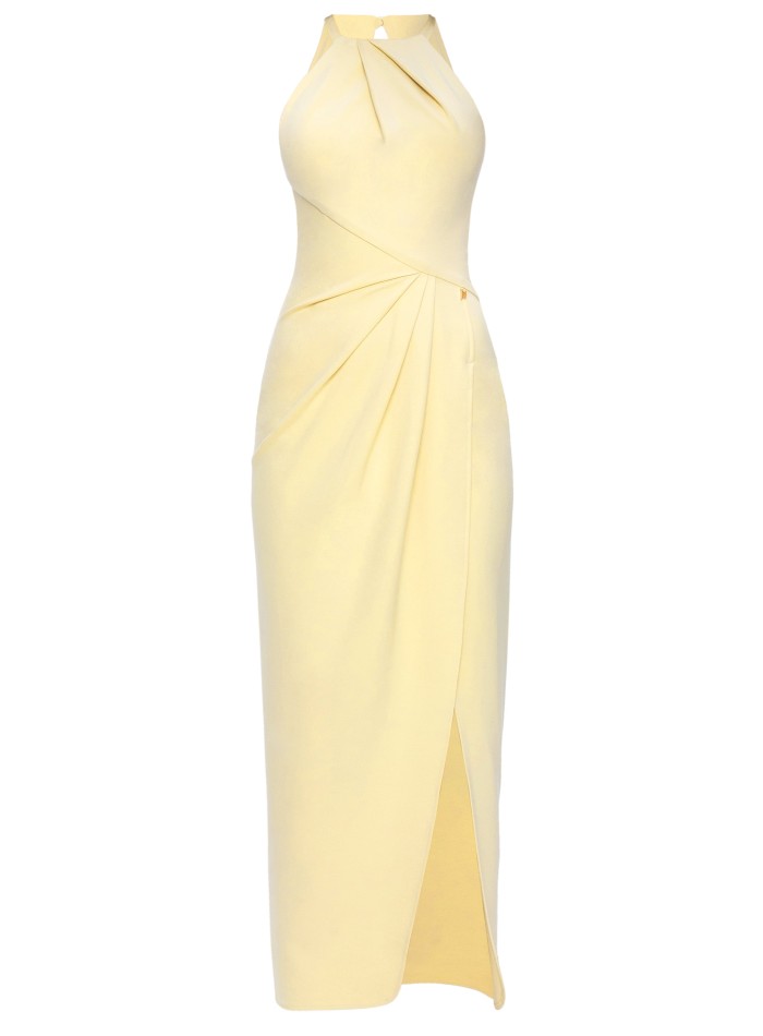 Vestido de fiesta amarillo con escote halter y...