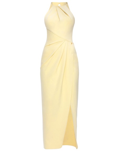 Vestido de fiesta amarillo con escote halter y abertura lateral
