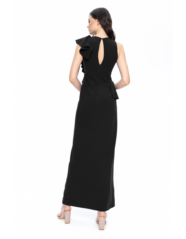 Robe longue noire à volants asymétriques et fendue 2