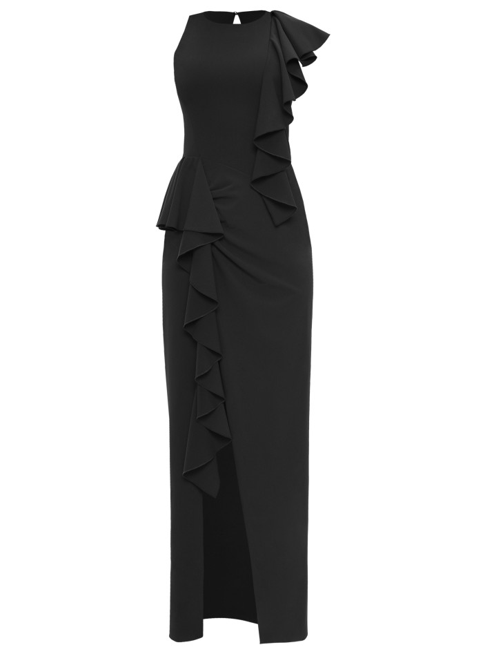 Black long dress with asymmetrical ruffles and...