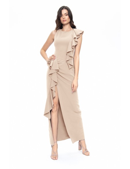 Beige long dress with asymmetrical ruffles and opening