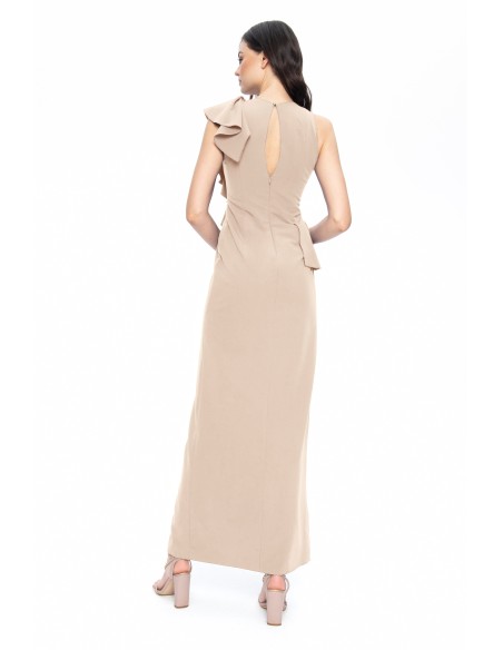Beige long dress with asymmetrical ruffles and opening