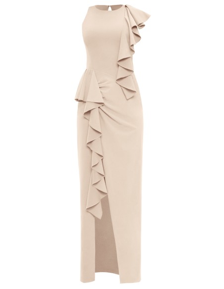 Beige long dress with asymmetrical ruffles and opening
