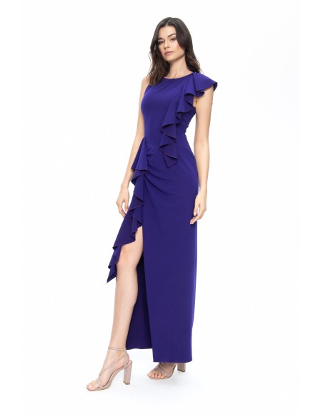 Blue long dress with asymmetrical ruffles and slit