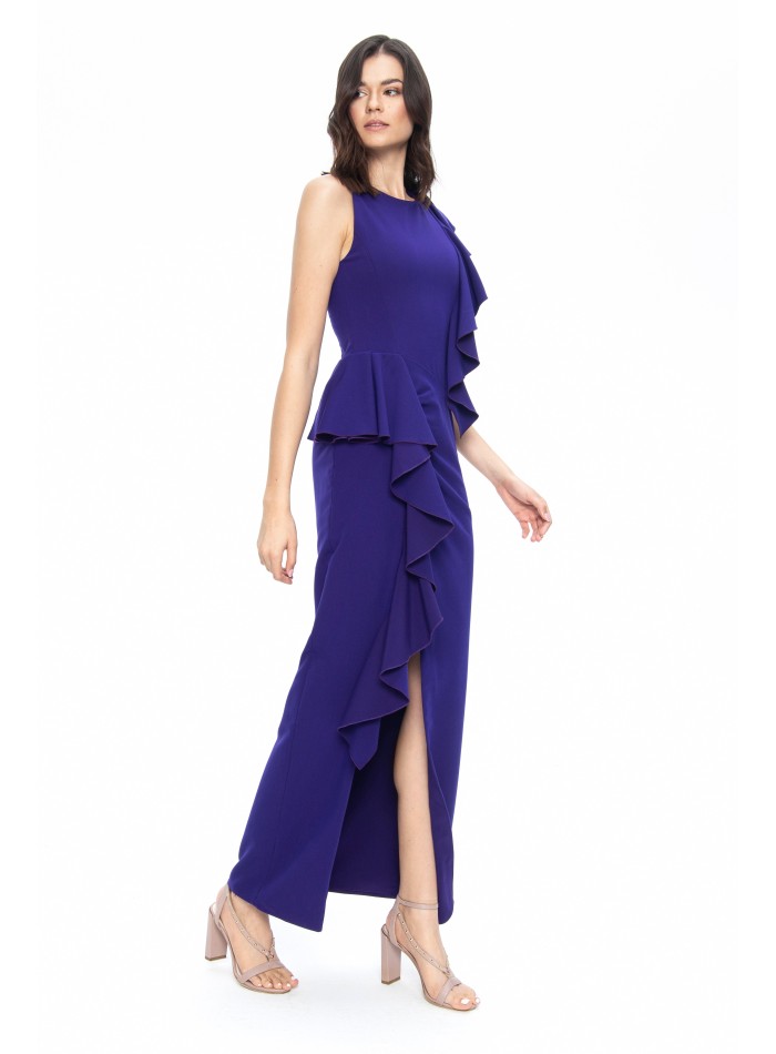 Vestido largo azul con volantes asimétricos y...