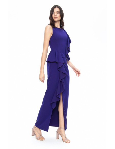 Blue long dress with asymmetrical ruffles and slit