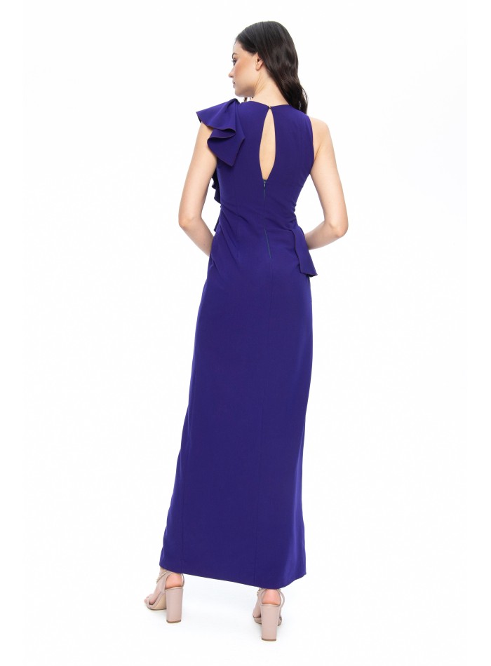 Blue long dress with asymmetrical ruffles and slit