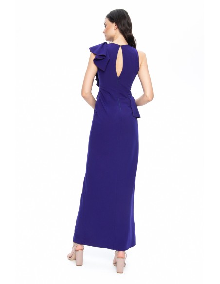 Blue long dress with asymmetrical ruffles and slit