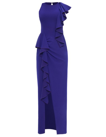 Blue long dress with asymmetrical ruffles and slit
