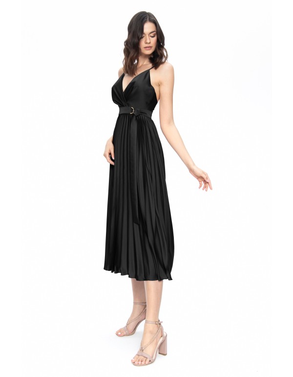 Robe midi en satin noir avec coupe midi plissée et Ceintures 2