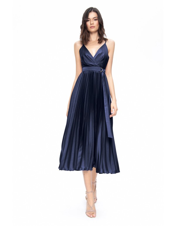 blue satin midi dress with pleats and belt for events