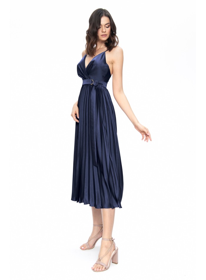 blue satin midi dress with pleats and belt for...