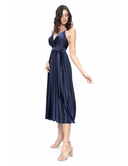 blue satin midi dress with pleats and belt for events
