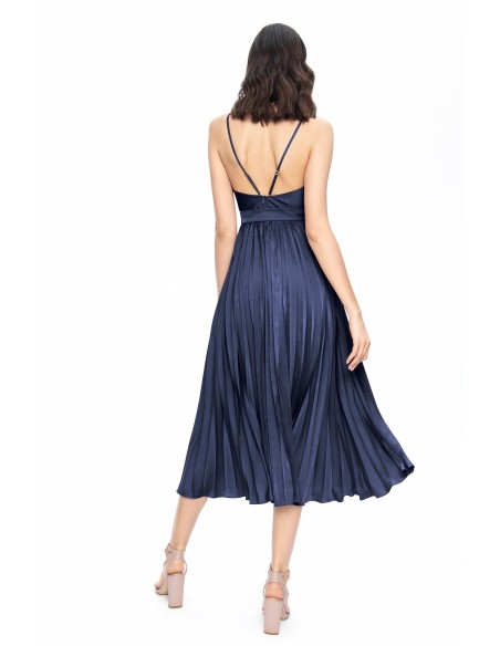 blue satin midi dress with pleats and belt for events