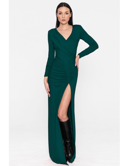 Robe longue de fête verte à manches longues avec une fente dans la Jupe