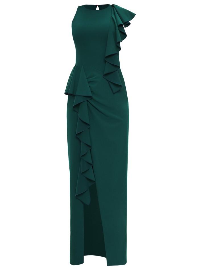 Green long maxi dress with ruffled slit