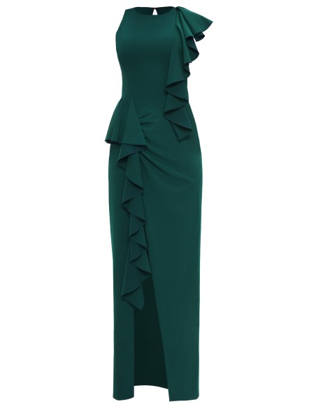 Green long maxi dress with ruffled slit