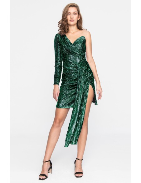 Vestido de fiesta verde corto asimétrico con lentejuelas y cintura drapeada