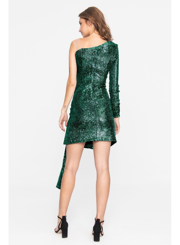 Asymmetrical short green mini dress with sequins
