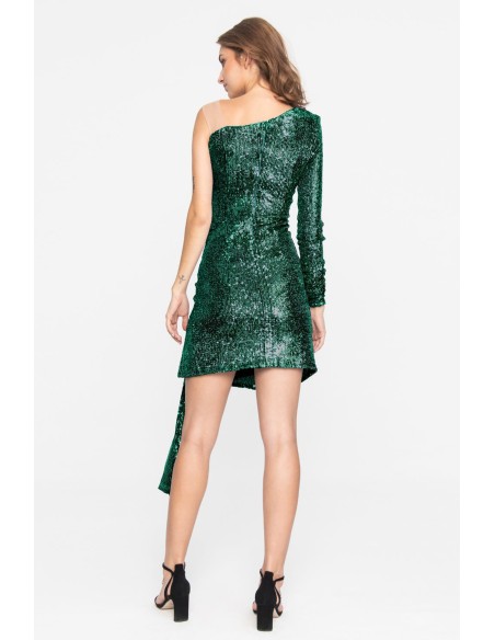 Vestido de fiesta verde corto asimétrico con lentejuelas y cintura drapeada