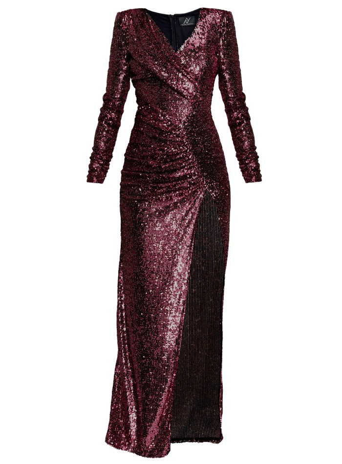 Long burgundy maxi dress with sequins, cross...