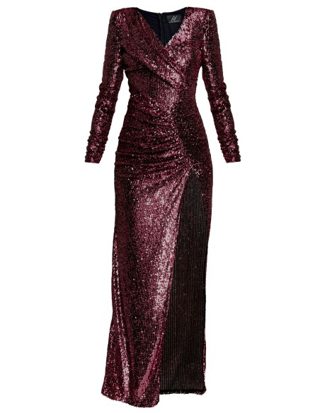 Long burgundy maxi dress with sequins, cross neckline and side slit.