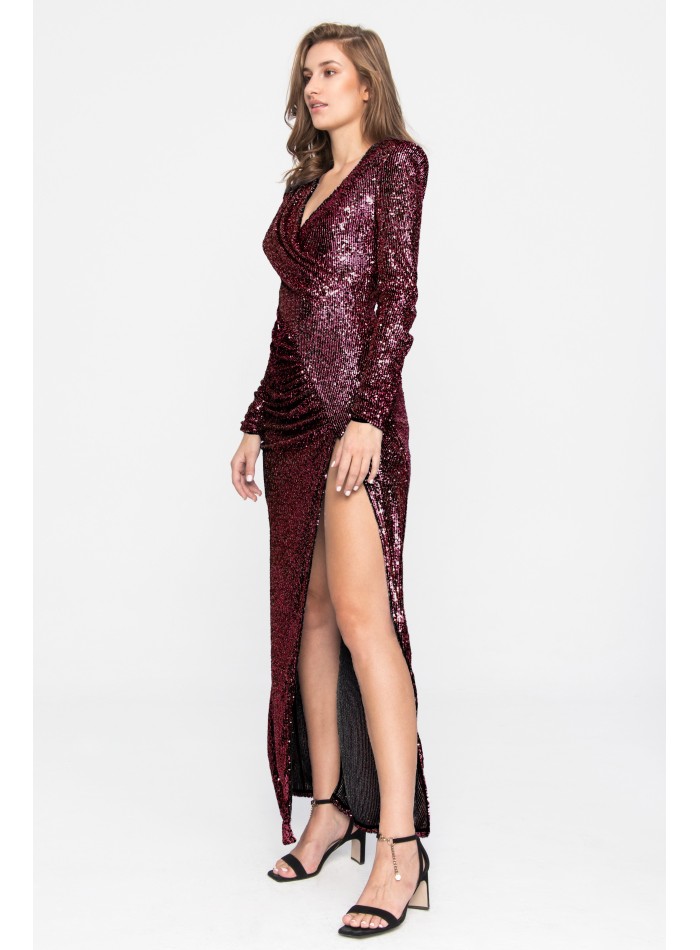 Long burgundy maxi dress with sequins, cross...