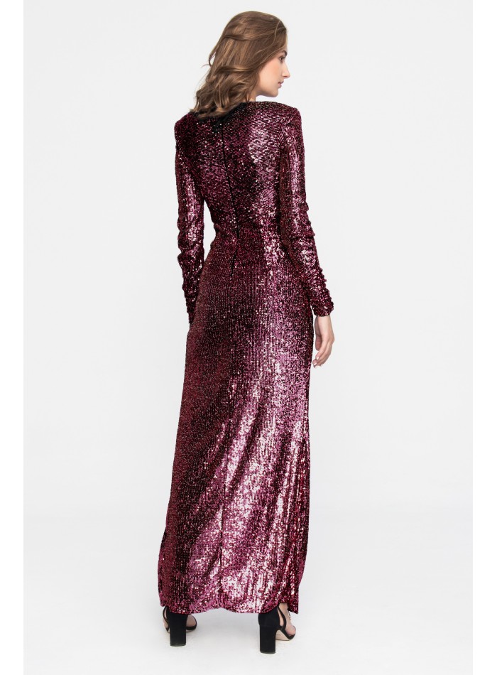 Long burgundy maxi dress with sequins, cross...